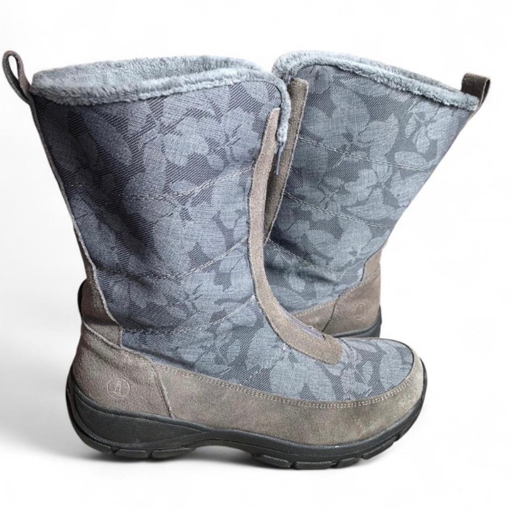 LANDS END All Weather Slip On Zip Boots SIZE 9B Gray Suede & Canvas Mid-Calf